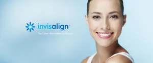 Photo banner: Invisalign / Clear Aligners and woman with bright, even smil